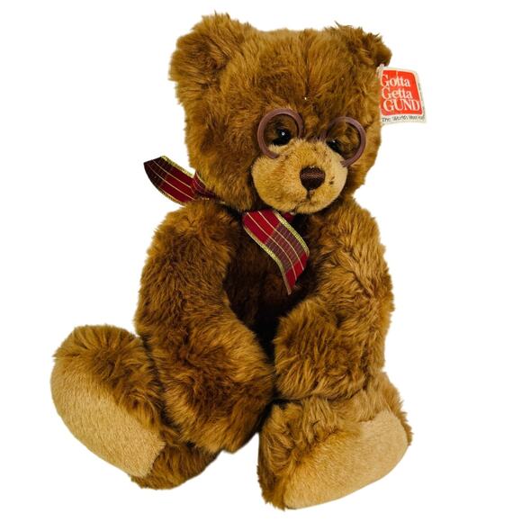 Gund Booker Brown Teddy Bear Plush Bear Glasses Red Gold Plaid Bow 11” - Picture 1 of 7